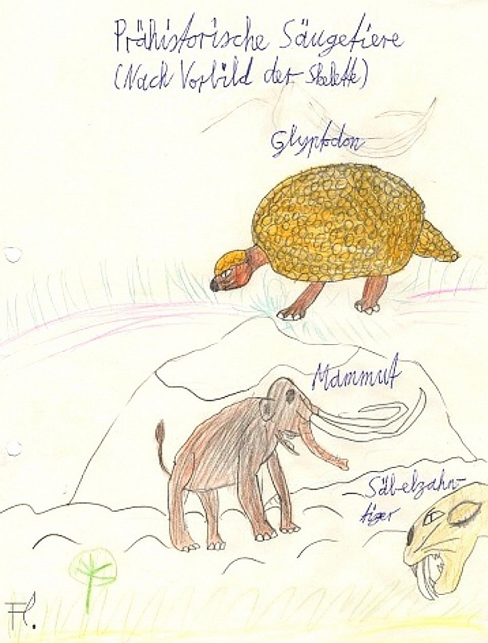 Post-mesozoische Ur-Säugetiere :  ZeichenStudie nach Vorbild von Skeletten, entweder aus Dinosaurier - Sammelheften oder Fachzeitschriften.