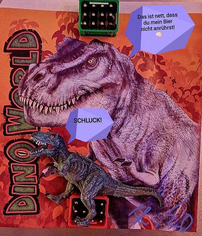 Der Tyrannosaurus rex FUMARTIE ist hoch erfreut, dass sich sein Sohnemann NICHT an seiner Bierkiste vergreift 😜🚫🍺☝🏻🦖
