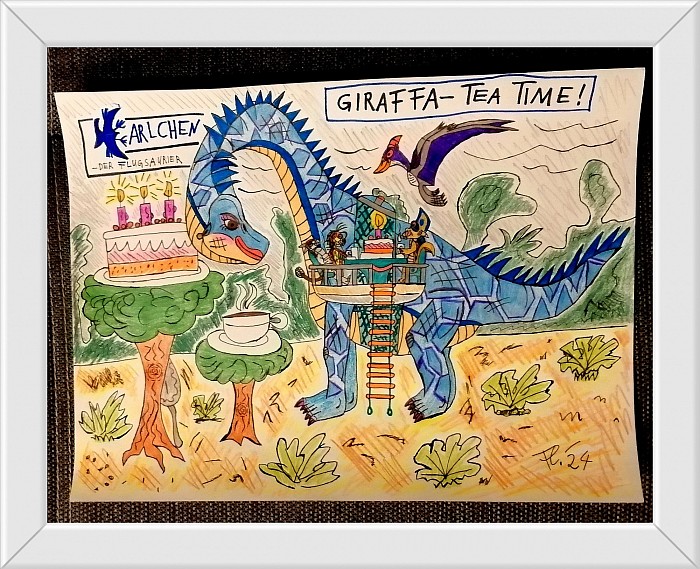 Tea Time mit Karlchen, seinen Freunden und einem großen GIRAFFATITAN - Weibchen 🐉🦕🦒☕.... Das Bild war ein Geburtstagsgeschenk 🎁  ( Größe : DIN A 3)